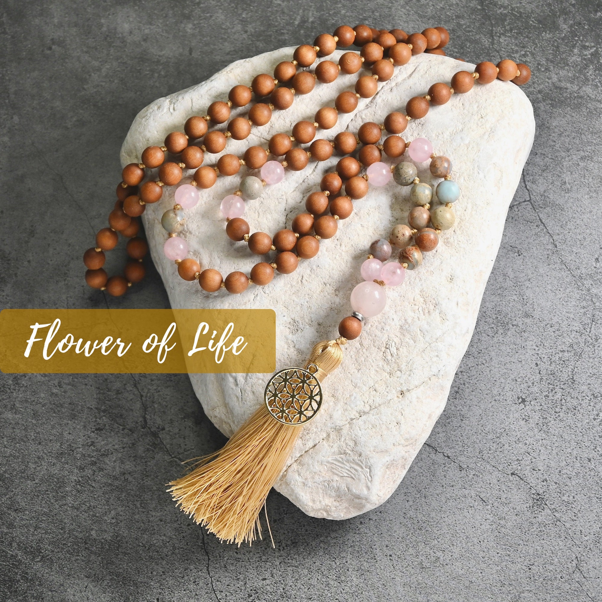 FLOWER OF LIFE - Sandelholz & Rosenquarz Mala Kette