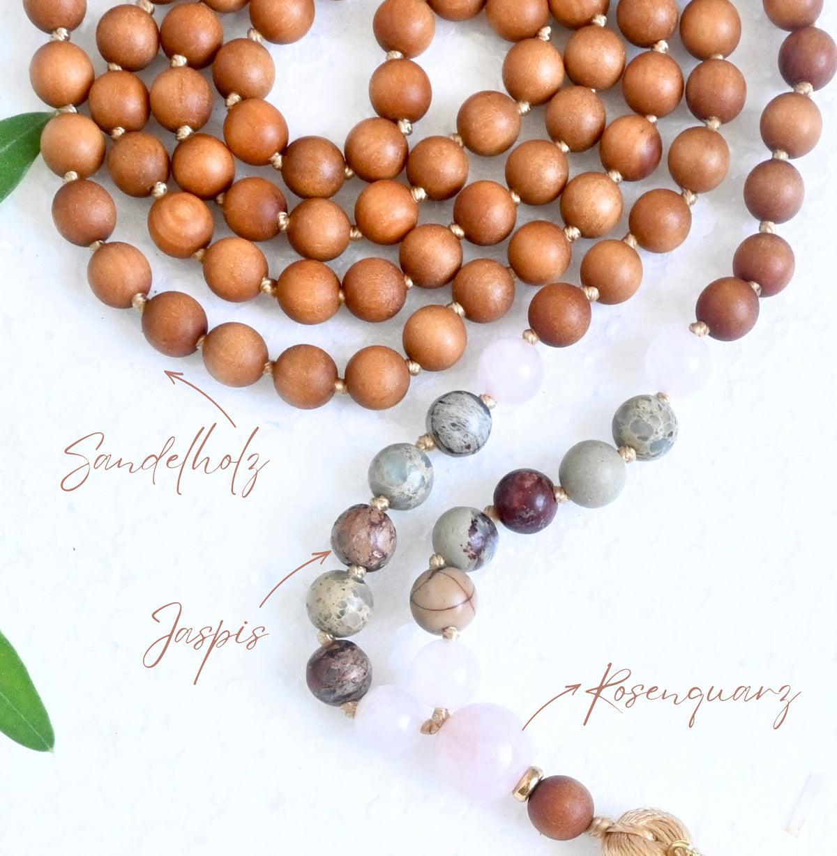 BLISSFUL - Sandelholz & Rosenquarz Mala Kette