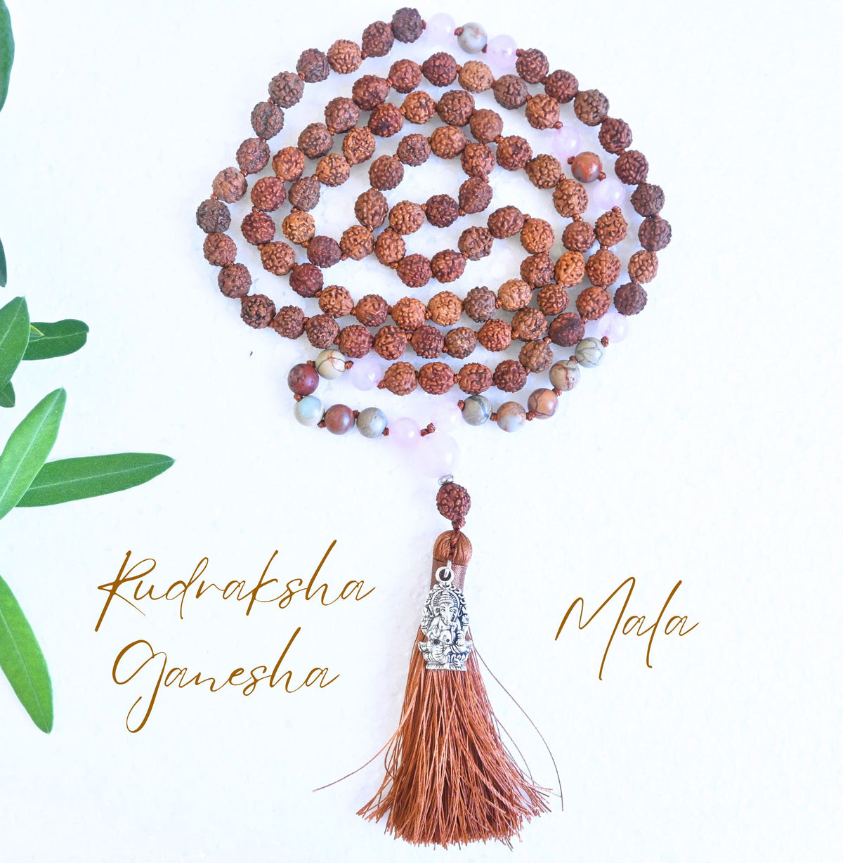 GANESHA - Rudraksha, Rosenquarz & Jaspis Mala Kette