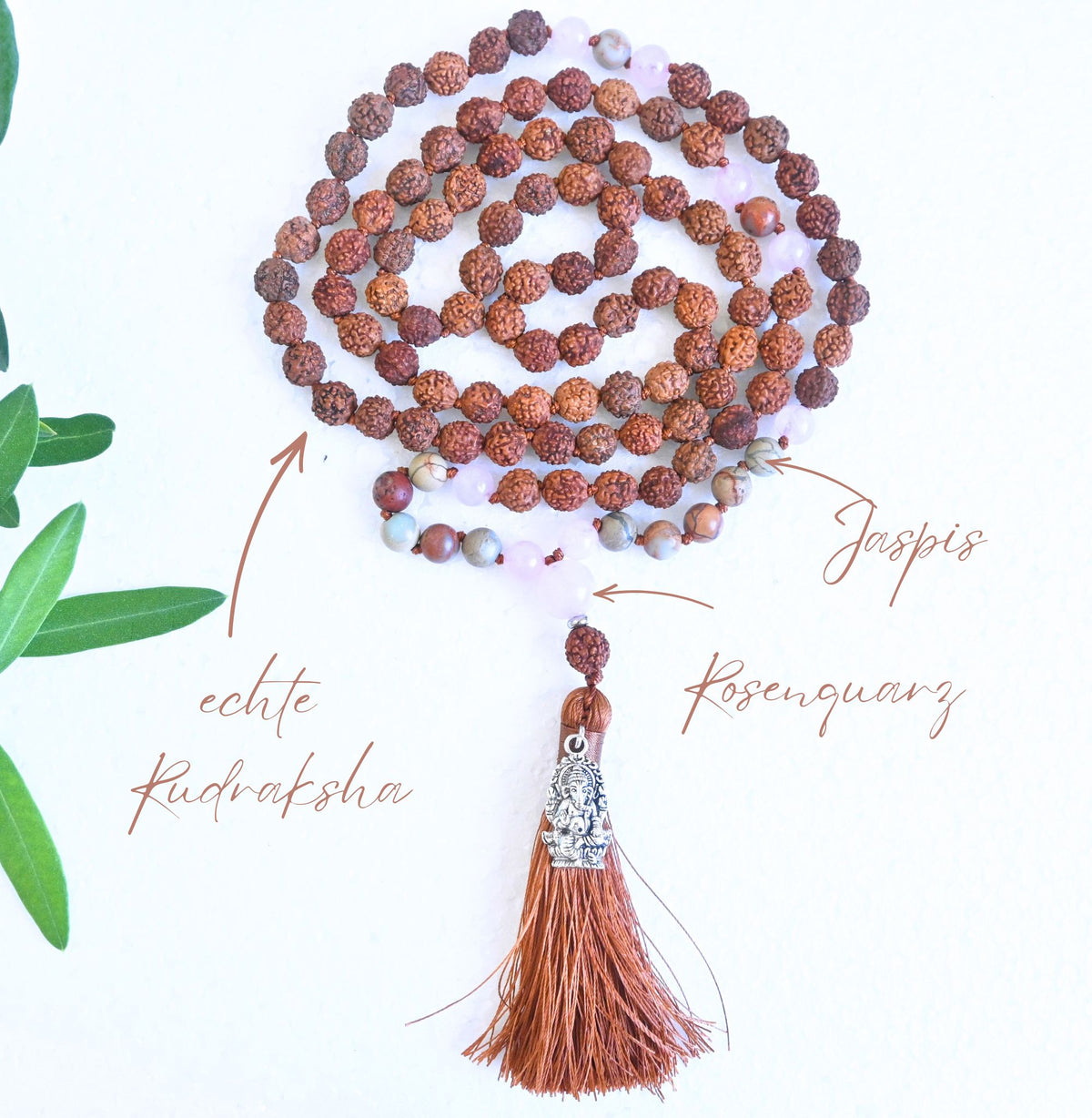GANESHA - Rudraksha, Rosenquarz & Jaspis Mala Kette