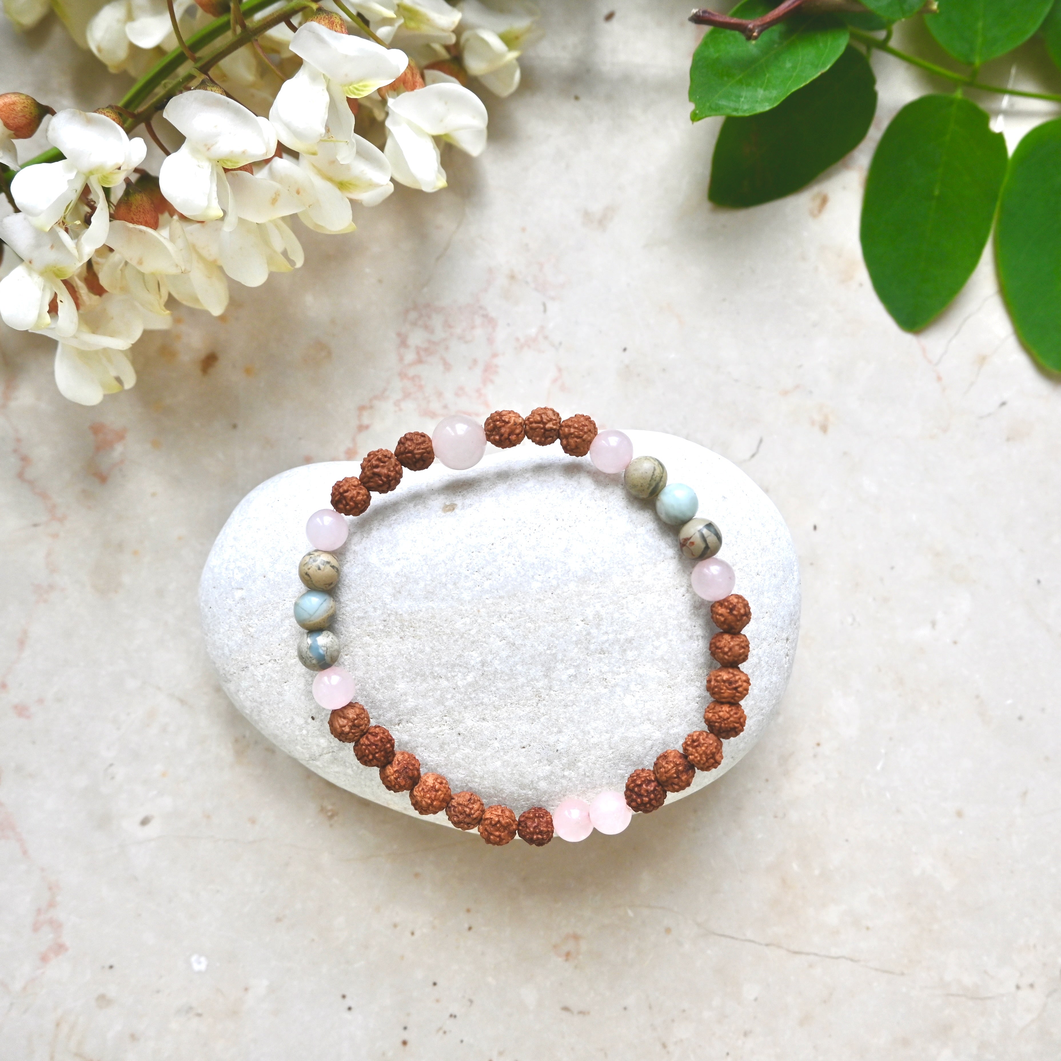 RUDRAKSHA LOVE - Rudraksha, Rosenquarz & Jaspis Armband