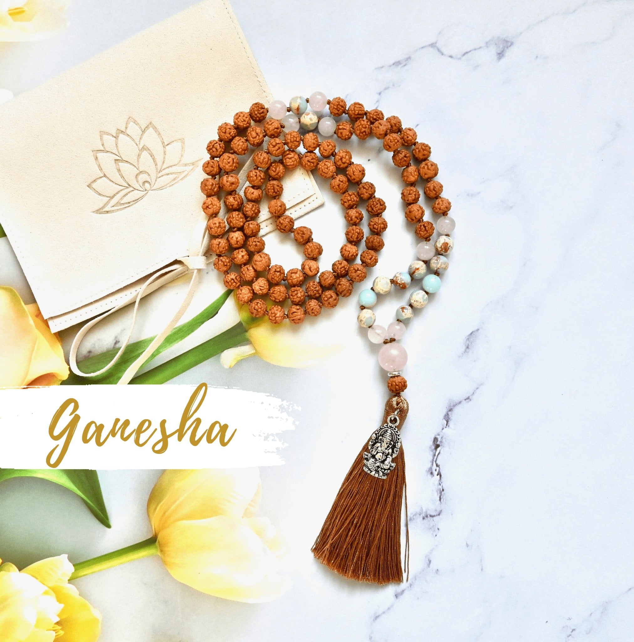 GANESHA - Rudraksha, Rosenquarz & Jaspis Mala Kette