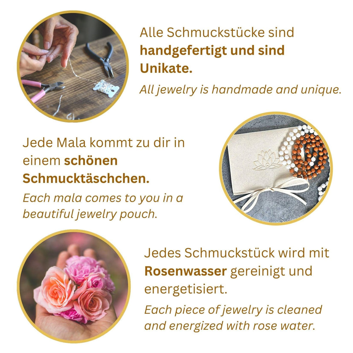 GANESHA - Rudraksha, Rosenquarz & Jaspis Mala Kette