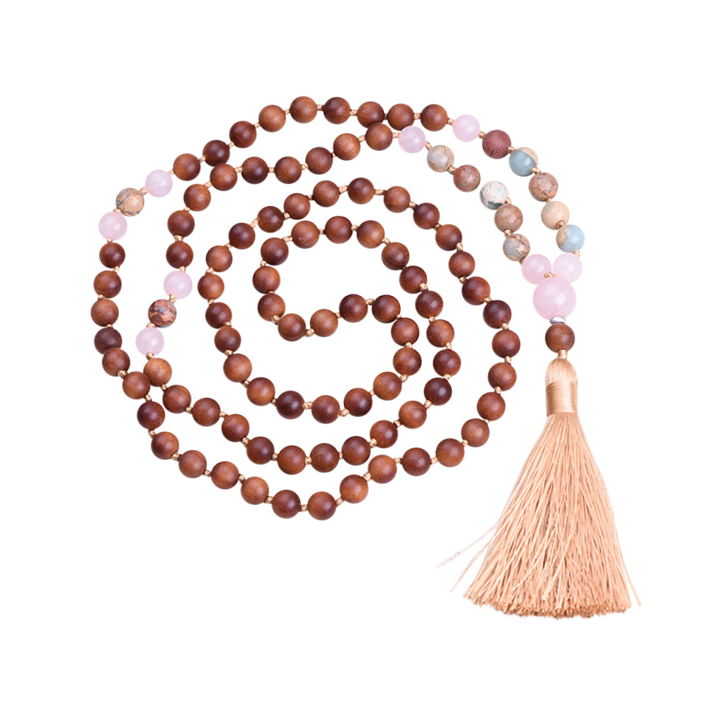 BLISSFUL - Sandelholz & Rosenquarz Mala Kette