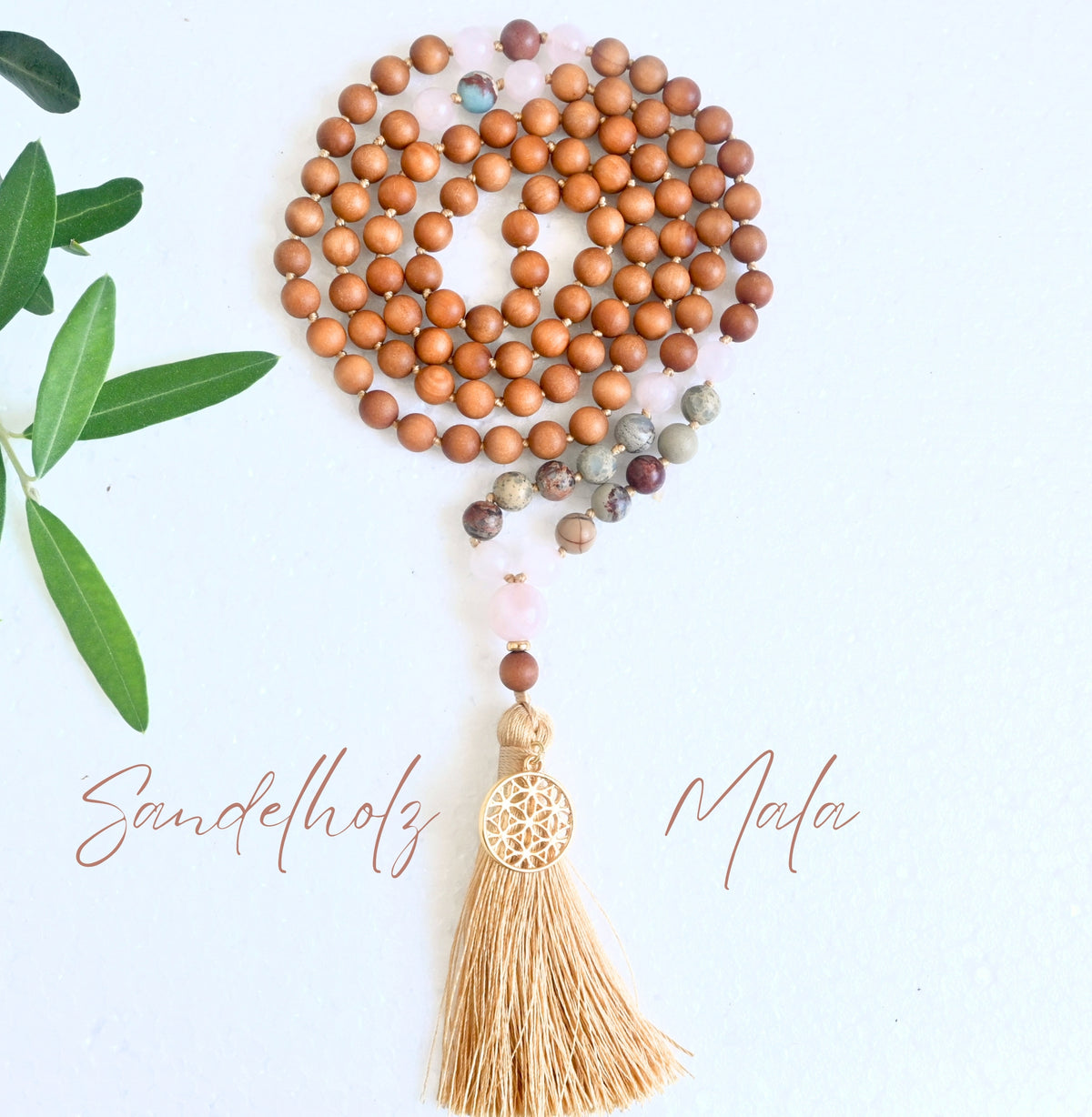 BLISSFUL - Sandelholz & Rosenquarz Mala Kette