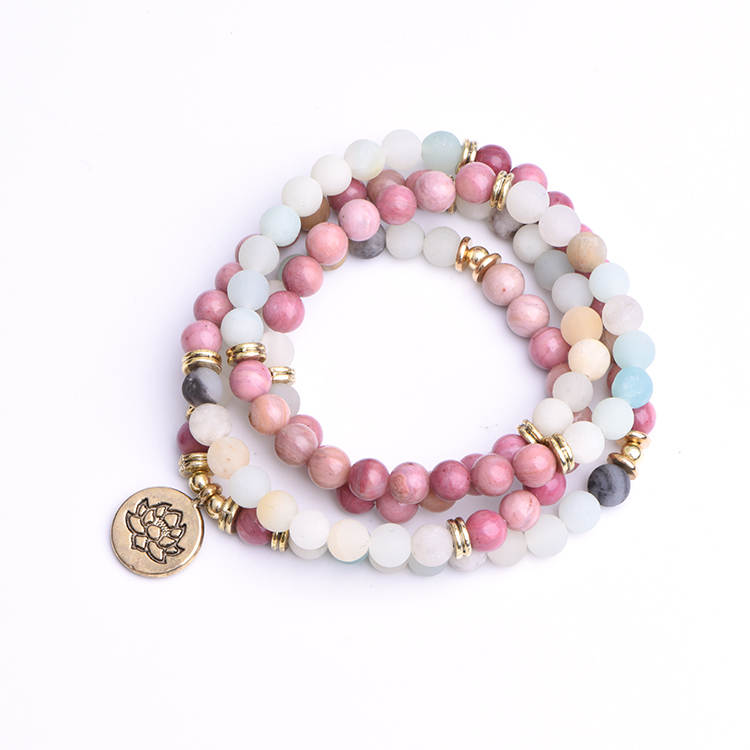 GOLDEN LOTUS - Rhodochrosit & Amazonit Mala Armband