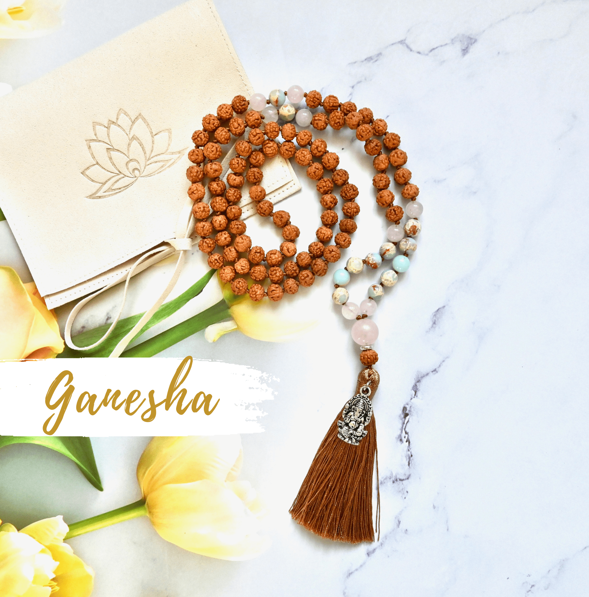 GANESHA  - Rudraksha, Rosenquarz & Jaspis Mala Kette